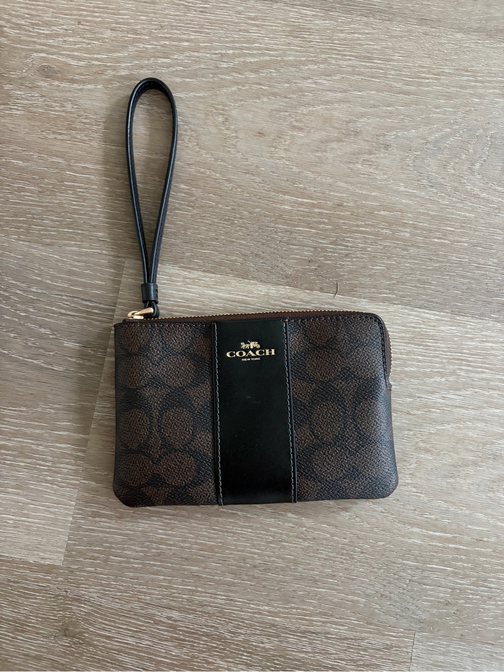 Coach Brown & Black Signature Wristlet with Gold Logo